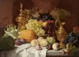 Eloise Harriet Stannard, An opulent still life of assorted fruit and a gilt bronze ewer and other vessels on a draped marble table, oil on canvas