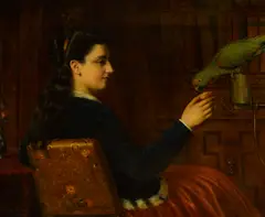 John Edgar Williams, A young lady seated in profile feeding a parrot, oil on canvas