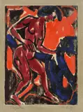 Christian Rohlfs, Die Werbung (Neger und Tänzerin), 1913, Holzschnitt auf Papier, vom Künstler mit Ölfarben überarbeitet und auf graues Papier montiert