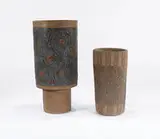 Stan Bitters, Bamboo container, c. 1960s, Natural clay with ric blue glaze