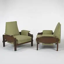 custom lounge chairs, pair by Sergio Rodrigues, c. 1965, jacaranda, silk, sold Mar 2006