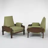 Sergio Rodrigues, custom lounge chairs, pair, c. 1965, jacaranda, silk