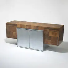 credenza by Paul Evans, c. 1970, maple burl, chrome-plated steel, lacquered wood, sold Mar 2006