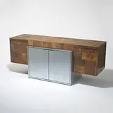 Paul Evans, credenza, c. 1970, maple burl, chrome-plated steel, lacquered wood