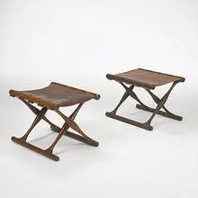 Poul Hundevad, stools, pair, c. 1948, wenge, teak, leather