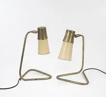 Pierre Guariche, table lamps, pair, c. 1955, brass, parchment