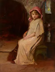 Thomas Edwin Mostyn, Roi, Rwa, Rca, A dear young maid holding a broom in a kitchen, oil on canvas