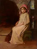 Thomas Edwin Mostyn, Roi, Rwa, Rca, A dear young maid holding a broom in a kitchen, oil on canvas