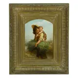 Charles Jalabert, A mother holding her child wading a stream with thatches, oil on panel