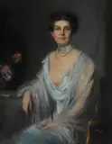 Artúr Lajos Halmi, A portrait of Jean Brown Jennings, seated in a blue dress, pastel on paper