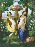 Béla Iványi-Grünwald, Two draped nudes with baskets of flowers, oil on canvas