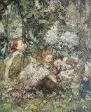 Edward Atkinson Hornel, Lily pond with swans