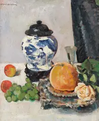 George Leslie Hunter, Still life with Chinese vase, fruit and silver salver, oil on board
