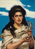 Karl Gussow, Frau vor blauem Himmel, eine Bronze-Figur haltend, 1877, Öl auf Holz