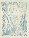 Otto Mueller, Zwischen Bäumen stehendes Mädchen, 1924, Lithographie in Blau auf Bütten