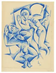 Carry Hauser, Mondjungfrau, 1921, Aquarell in Blau auf genarbtem Velin