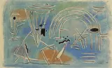 Willi Baumeister, Metaphysische Landschaft auf Blau mit Bogen, 1949, Farbkreiden und Kohle auf Ingres-Bütten