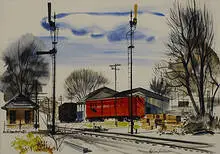 Edwin Fulwider, untitled (Along the Tracks), c. 1950, watercolor on paper