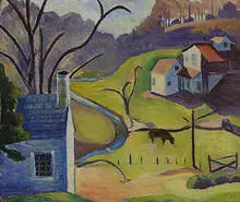 Barbara Rosser, Farm Scene, oil on masonite