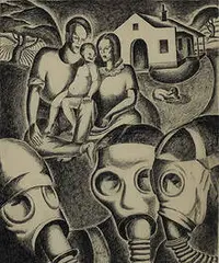 Leon Bibel, Family with Gas Masks, 1936, pen and ink on paper