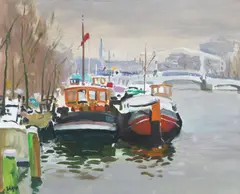 Norman Edgar, Barges, Amsterdam, oil on canvas