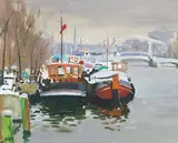 Norman Edgar, Barges, Amsterdam, oil on canvas