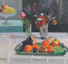 John Cunningham Rgi DLitt, Tray of fruit, oil on canvas