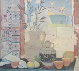 James Beattie Michie, Still life in front of window, oil on panel