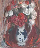 Red and White Roses by Anne Redpath Obe Rsa Ara Lld Arws Roi Rba, circa 1956, oil on board, offered Oct 2021
