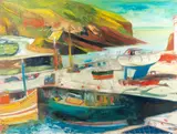 Lybster Harbour by John Bellany C.B.E., R.A., H.R.S.A., L.L.D., 2005, oil on canvas, sold Oct 2021