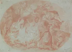 Carlo Maratta, The Adoration, red conte on grey paper, feigned oval, mounted by unframed,