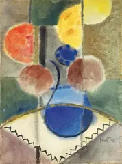Arnold Topp, Blumenvase auf weißer Tischdecke, 1925, Aquarell und Goldfarbe über Bleistift auf genarbtem Papier