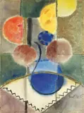 Arnold Topp, Blumenvase auf weißer Tischdecke, 1925, Aquarell und Goldfarbe über Bleistift auf genarbtem Papier