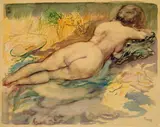 Akt in Dünen by George Grosz, 1946, Aquarell und Feder in farbigen Tuschen auf Velin, sold Nov 2011