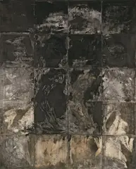 Michael Morgner, Nacht, 1989, Tusche, Lavage, Asphalt, Prägung und Papiercollage auf Leinwand