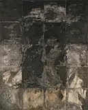 Michael Morgner, Nacht, 1989, Tusche, Lavage, Asphalt, Prägung und Papiercollage auf Leinwand