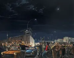 Matthias Koeppel, Ex Oriente Lux. Die Nacht vom 9. November 1989 am Grenzübergang Prinzenstraße, 1990, Öl auf Leinwand