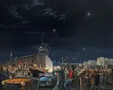 Matthias Koeppel, Ex Oriente Lux. Die Nacht vom 9. November 1989 am Grenzübergang Prinzenstraße, 1990, Öl auf Leinwand