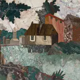 Castrucci, Stromschnelle am Rande einer Stadt, Um 1610, Commesso in pietre dure e tenere (Schiefer und vorwiegend böhmische Halbedelsteine: Achat, Amethyst, Chalzedon, Jaspis, versteinertes Holz)