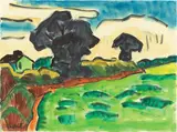 Karl Schmidt-Rottluff, Landschaft mit dunklen Bäumen, Um 1962, Aquarell und Tuschpinsel auf Bütten