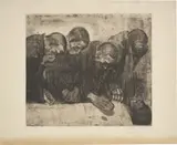 Käthe Kollwitz, Die vier Trauernden“ („Gedenkblatt für Karl Liebknecht“), 1919, Vernis mou, Strichätzung und Aquatinta in Braun auf Japan