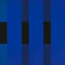 3 by 3, 3 Blues & Dark Green by Oli Sihvonen, 1966, oil on canvas, sold May 2004