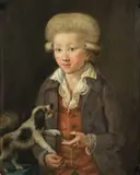 German School, Portrait of a boy, half-length, in a blue coat, red waistcoat and white chemise, with a spaniel