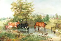 Edwin Frederick Holt, Watering horses and cattle at a pond, Guy wood Farm, Romiley, Cheshire, oil on canvas