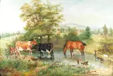 Edwin Frederick Holt, Watering horses and cattle at a pond, Guy wood Farm, Romiley, Cheshire, oil on canvas