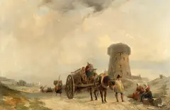 R.A. Clarkson Stanfield, Horse and cart passing figures on a country road, oil on canvas