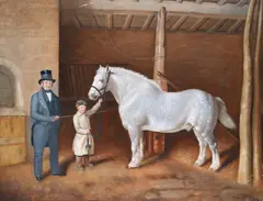 English School, Grey draft horse with owner and boy in stable, oil on canvas