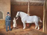 Grey draft horse with owner and boy in stable by English School, oil on canvas, sold Mar 2021