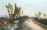 Raimondo Scoppa, Italianate landscape with figures on a riverside road, oil on canvas