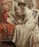 Examining the etchings by Laura Knight Ra, oil on canvas, sold Mar 2021